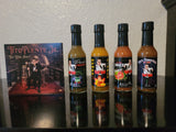 SALE 25% OFF FOUR (4) 2 OZ BOTTLES OF FOUR FLAVORS (4) HOT PICANTE SALSAS Plus the New Centennial Tito Puente T-shirt! Plus the latest Album "The King And I" by Tito Puente, Jr. on CD along with autographed photo!