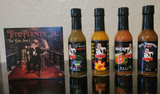 SALE 25% OFF FOUR (4) 2 OZ BOTTLES OF FOUR FLAVORS (4) HOT PICANTE SALSAS Plus the New Centennial Tito Puente T-shirt! Plus the latest Album "The King And I" by Tito Puente, Jr. on CD along with autographed photo!